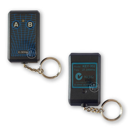 Black rectangle remote with blue spiderweb print on front & 2 round buttons with 'A' & 'B' on them & branded with Elsema at the base  & Key-302 on the back