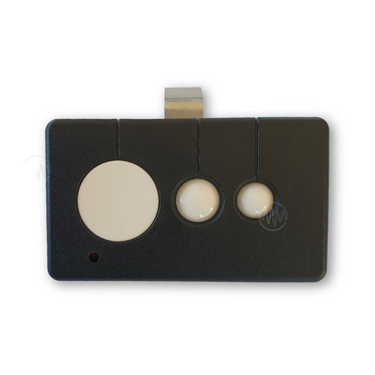 Large black sun visor style garage remote for Force FS1000 with 3 white round button of decreasing size