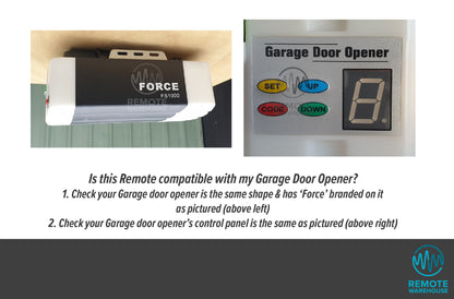 Side view of Force FS1000 garage door opener & close up of its control panel