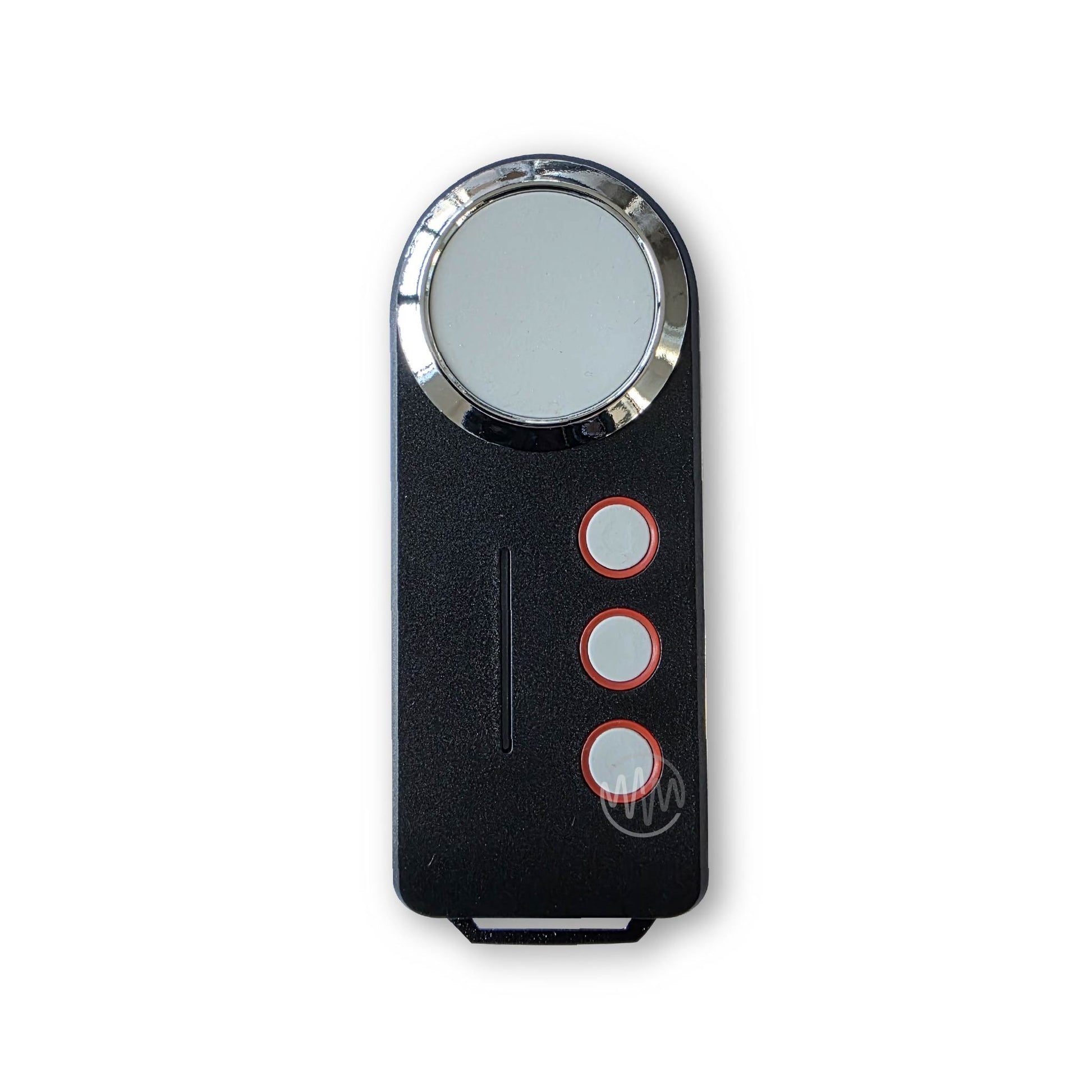 Force RC05 garage door remote with large round white circle button & 3 red outline small buttons arranged in a vertical row
