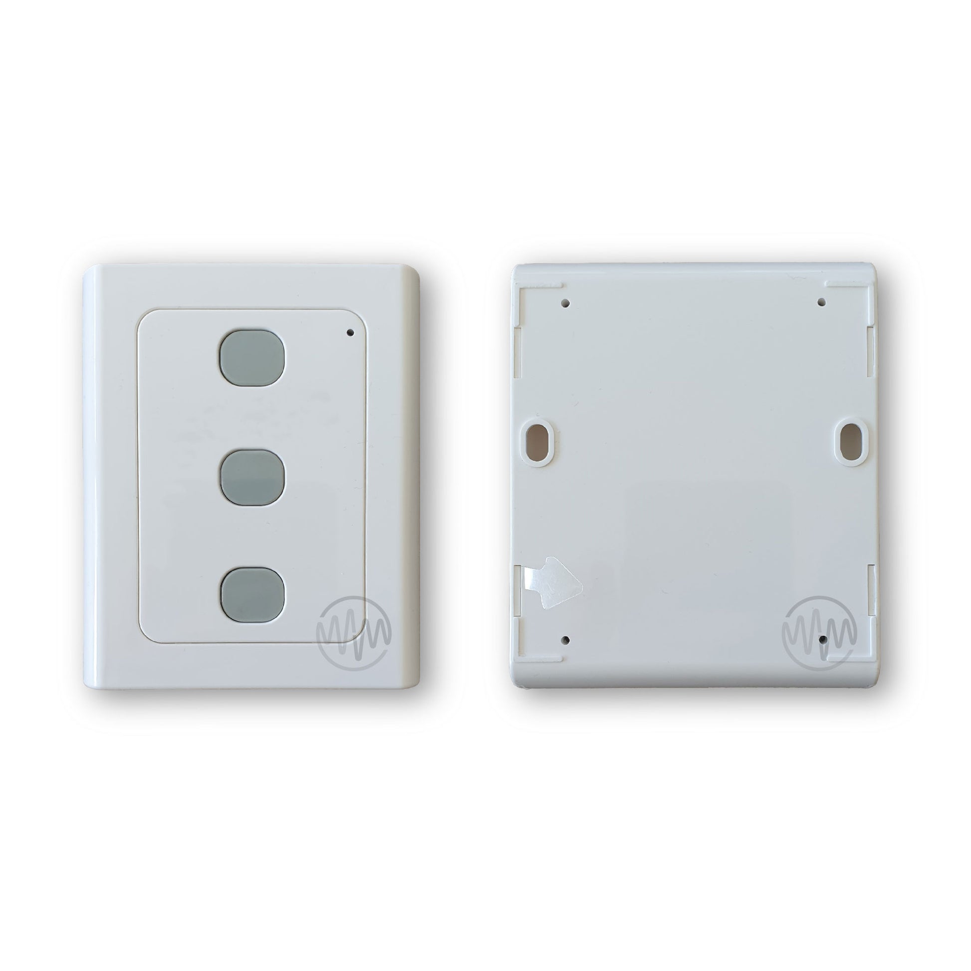 Front & back of White Force WWS01 wall mount garage remote with 3 grey buttons in a vertical row