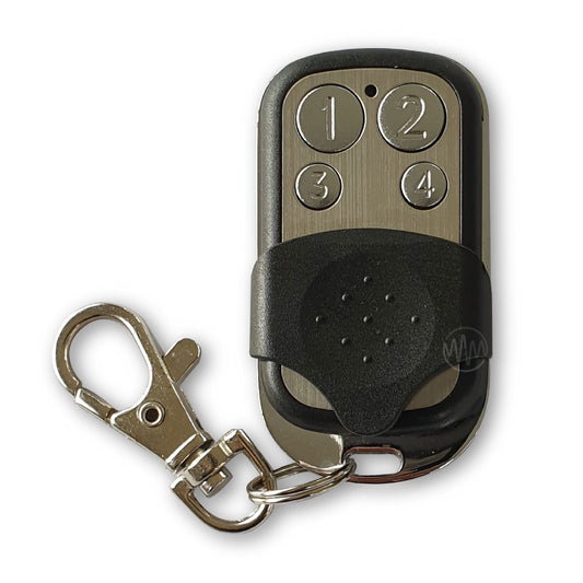 A black Foresee compatible garage remote with a compact key ring style and numbered buttons.