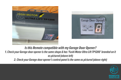 Photos of a Fushi Ultra Lift TP1200 garage door opener motor & its control panel