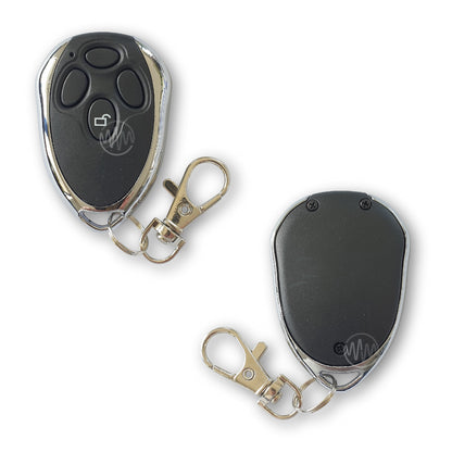 Front & back view of Fushi black & chrome metal tear drop style garage door remote with 4 buttons