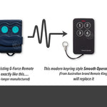 G-Force blue remote with 2 round blue buttons is replaced by the Smooth operator black & silver remote with 4 numbered buttons