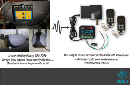 Photos Galaxy GDO-700 garage door opener control panel & the Remote Warehouse branded add on receiver kit & remotes to attach to it