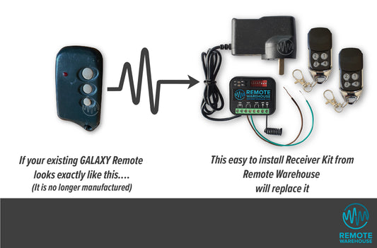 Black Galaxy GTX710 remote with 3 grey rounded buttons in a row shown with the replacement Remote Warehouse branded add on receiver kit & 2 remotes