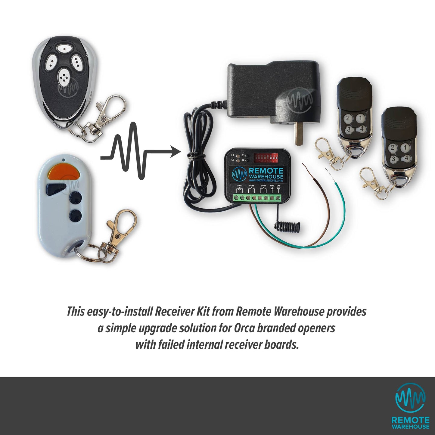 Selection of Orca garage door remotes showing with an arrow pointing to the replacement Remote Warehouse branded add on receiver kit.