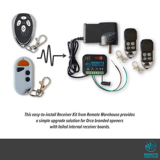 Selection of Orca garage door remotes showing with an arrow pointing to the replacement Remote Warehouse branded add on receiver kit.