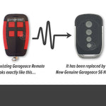 Old red & black Garageace branded garage door remote shown with arrow pointing to the new updated model which is silver & black rounded rectangle with 4 round grey buttons in a vertical line.