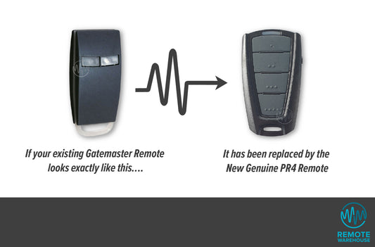Old Gatemaster 2 button black remote is replaced with new black & grey 4 button sun visor style gate remote