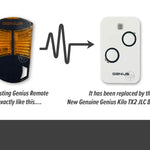 Genius black & orange remote is replaced by the Genius Kilo white rectangle 2 button remote