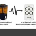 Genius orange & black 4 button remote is replaced by Genius white rectangle Kilo remote with 4 buttons