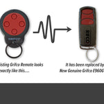 Round black & red grifco remote is replaced with Grifco E960G long thin key ring garage & gate remote