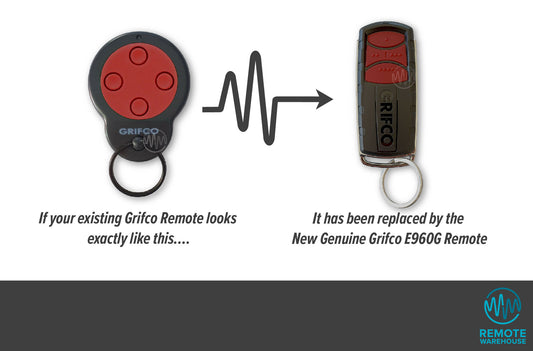 Round black & red grifco remote is replaced with Grifco E960G long thin key ring garage & gate remote