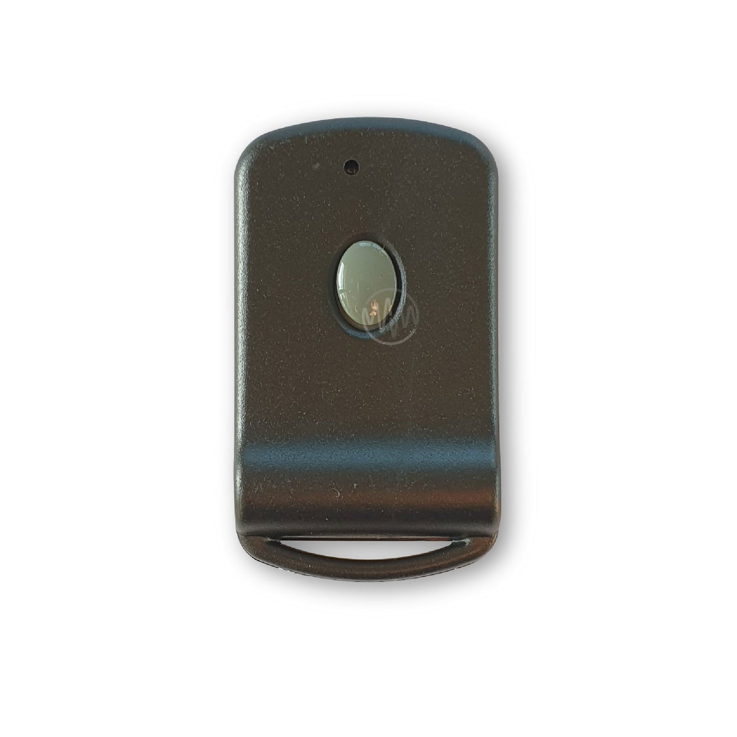 Dark grey oblong with rounded top corners & single oval grey button garage door remote 