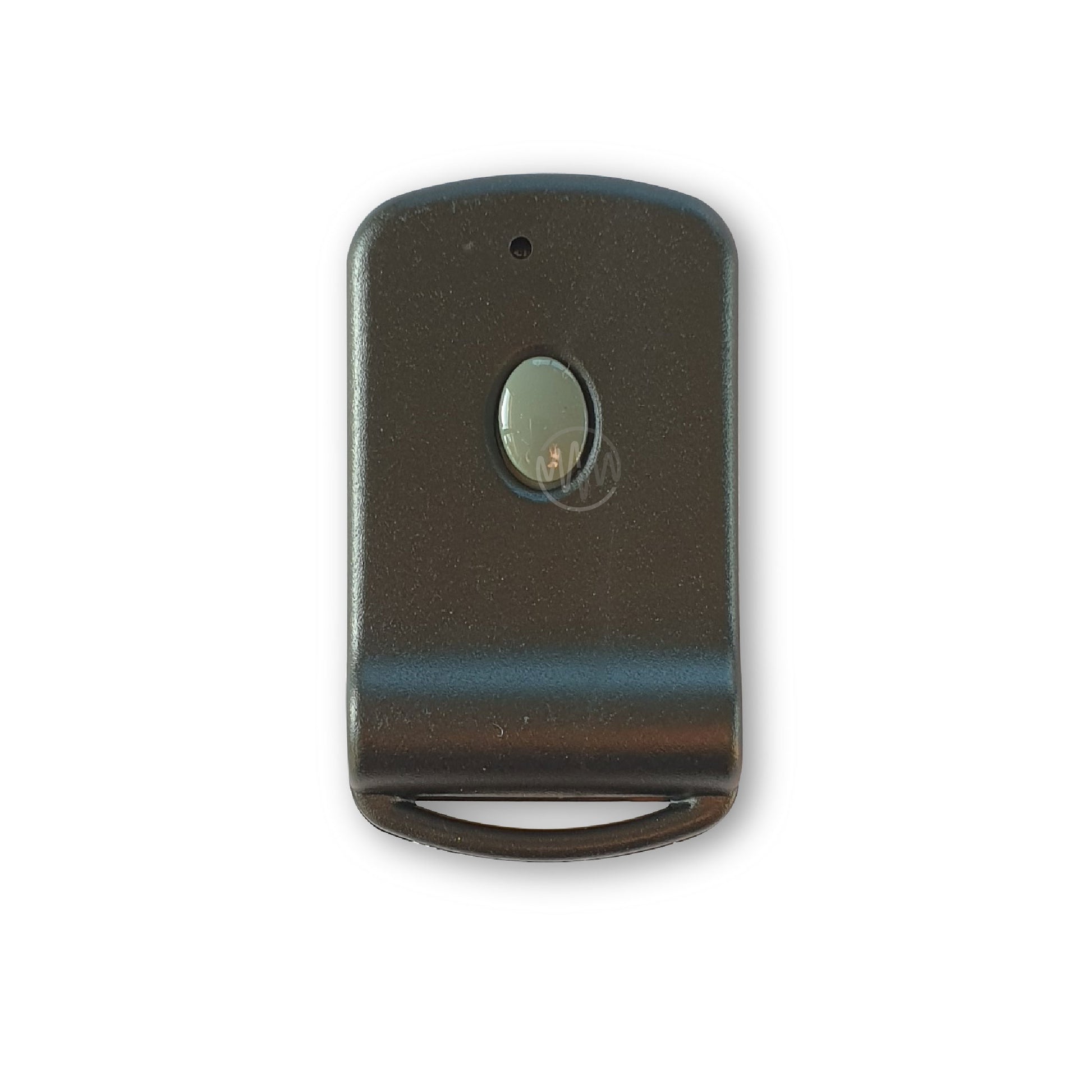 Dark grey oblong with rounded top corners & single oval grey button garage door remote 