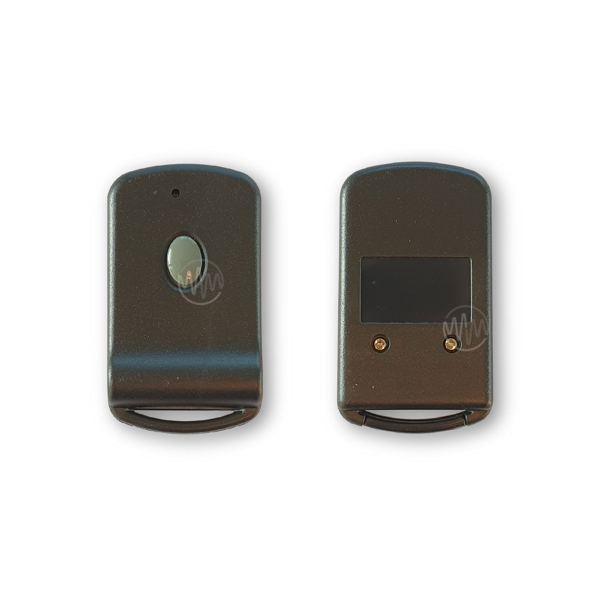 Front & back view of dark grey oblong with rounded top corners & single oval grey button garage door remote 
