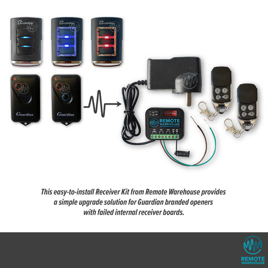 Selection of Guardian branded  garage door remotes showing with an arrow pointing to the replacement Remote Warehouse branded add on receiver kit.