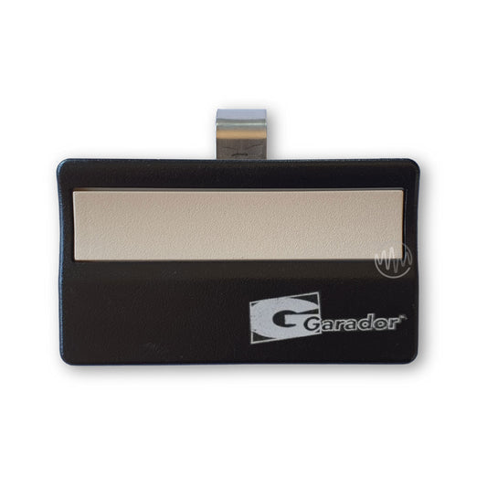 Garador branded black rectangle sun visor style garage remote with 1 long beige button