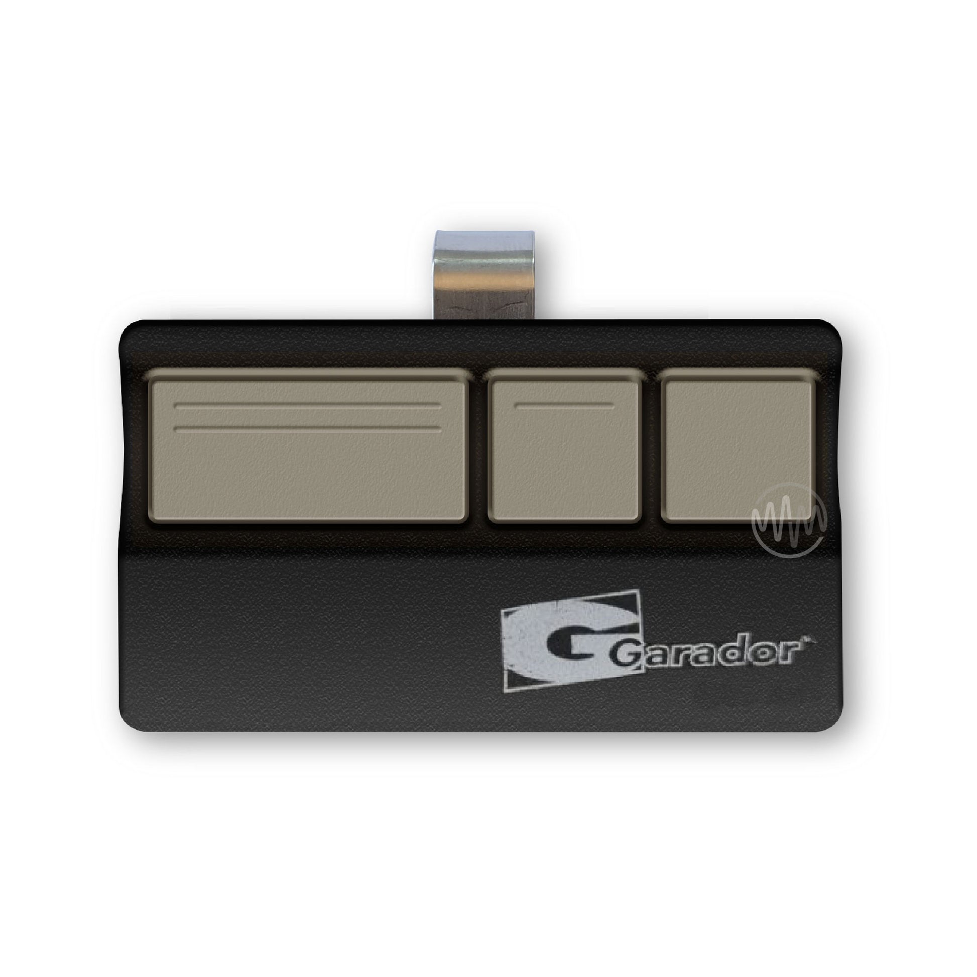 Garador branded black rectangle sun visor style garage remote with 3 beige buttons