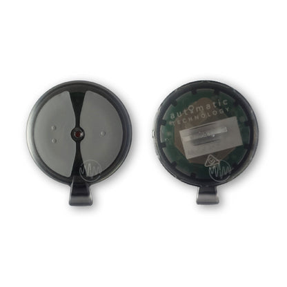 Front & back of round PTX-2v2 grey with 2 split grey buttons Garador garage remote control