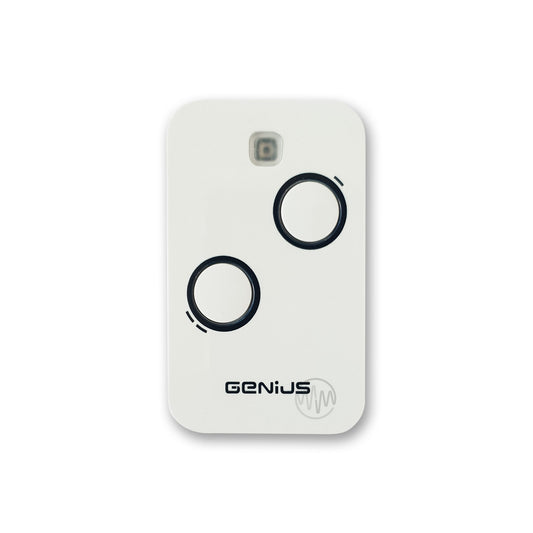 White Genius Kilo TX2 JLC 868 gate remote with 2 black outlined buttons 