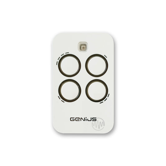 White Genius Kilo TX4 JLC 868 gate remote with 4 black outlined buttons