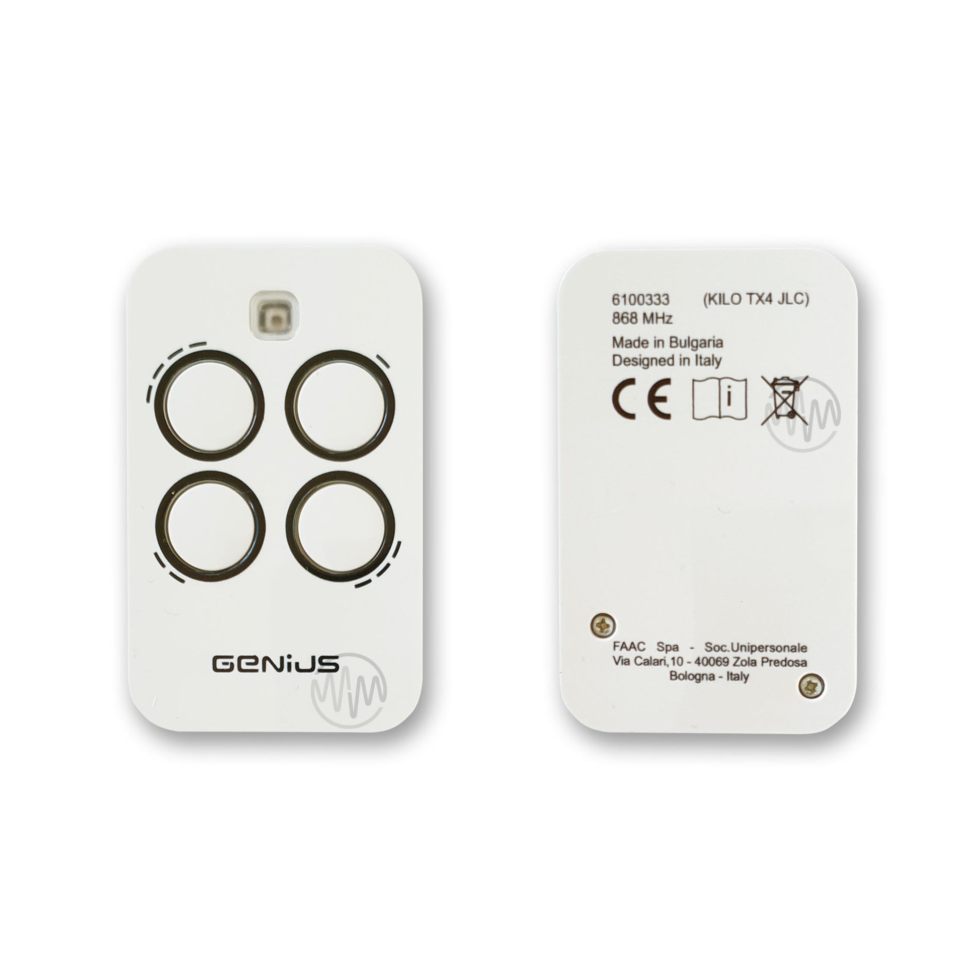 White Genius Kilo TX4 JLC 868 gate remote with 4 black outlined buttons front & back view