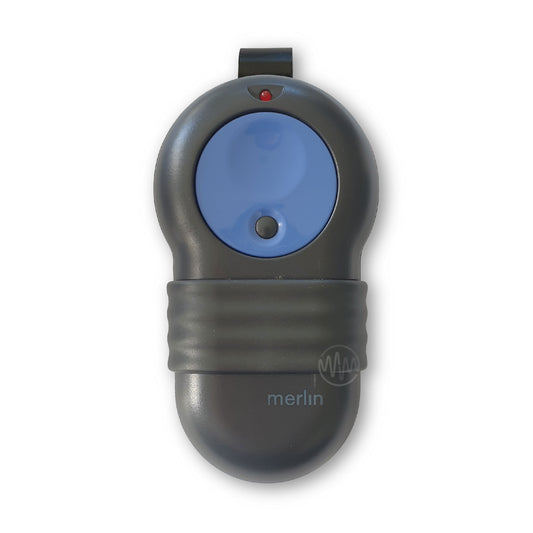 Genuine Merlin M802 large dark grey black sun visor style garage remote with large round blue button.