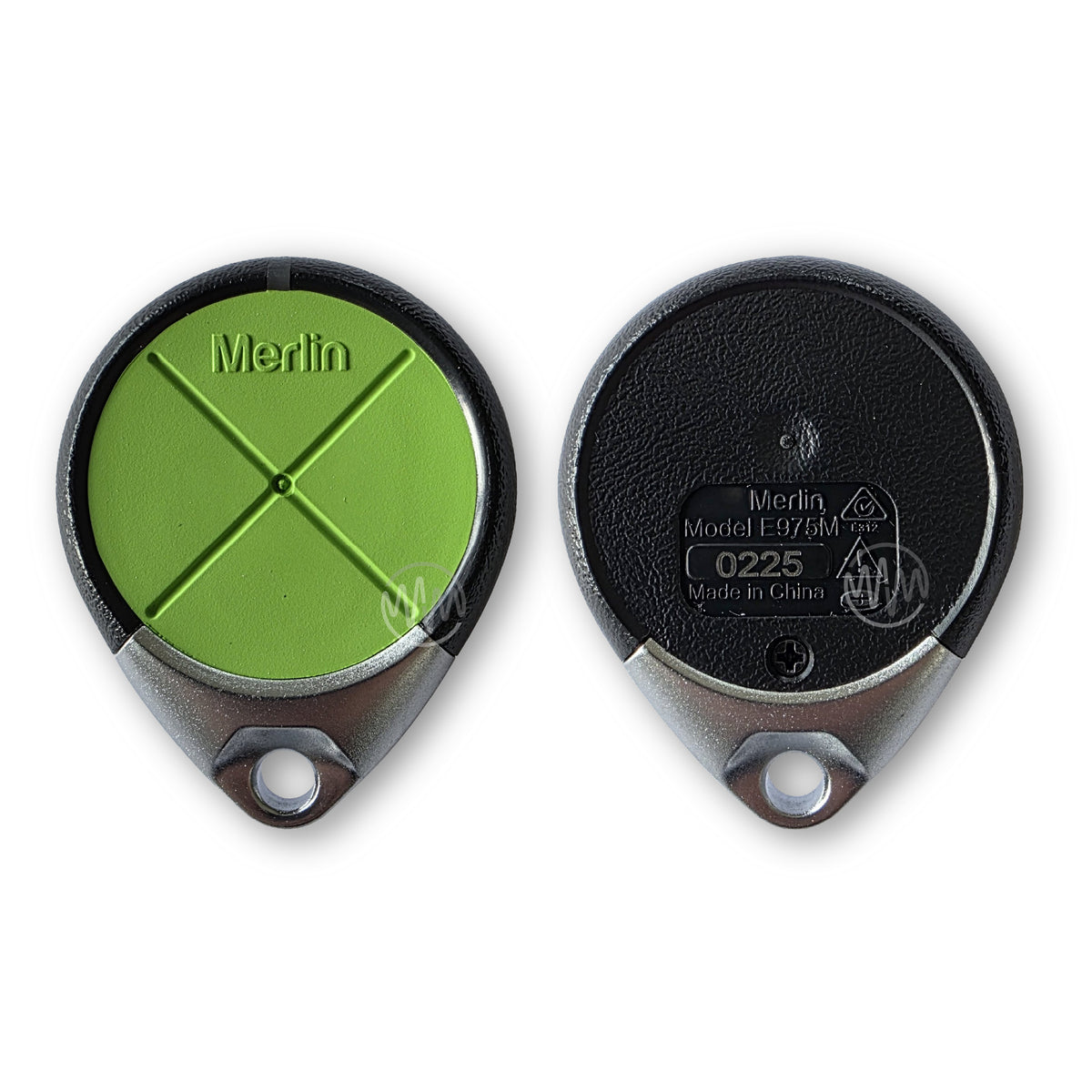 Front & back of Genuine Merlin E975M teardrop shape garage door remote