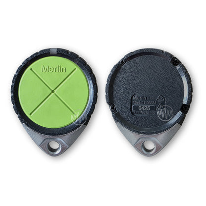 Front & Back view of a genuine Merlin E985M green & grey garage & gate remote 