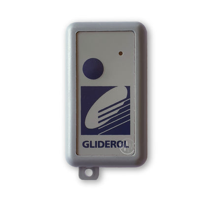 Light grey rounded rectangle Gliderol branded TM-27Mhz garage door remote with 1 round blue button