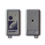 Front & Back view of light grey rounded rectangle Gliderol branded TM-27Mhz garage door remote with 1 round blue button