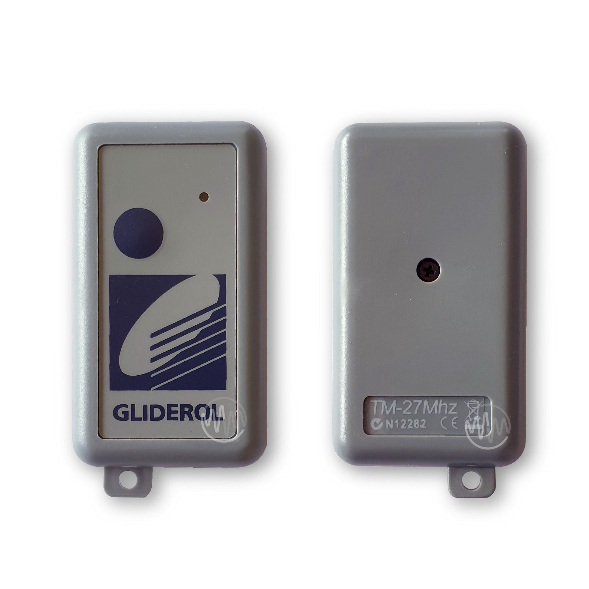 Front & Back view of light grey rounded rectangle Gliderol branded TM-27Mhz garage door remote with 1 round blue button