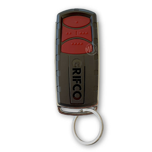 Grifco black & chrome oblong key ring remote with dark red buttons for garages & gates