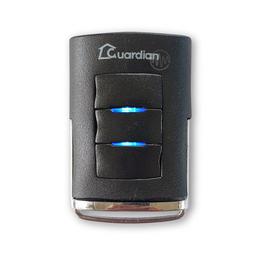 Guardian branded black garage door remote with 3 black rectangle buttons in a vertical row, blue led & chrome base