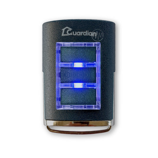 Guardian branded black garage door remote with 3 black rectangle buttons in a vertical row, blue led & chrome base
