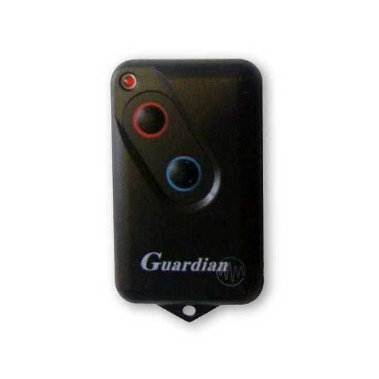 Guradian branded black garage door remote with 1 red & 1 blue outlined raised buttons