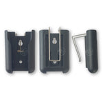Front, back & side view of sun visor clip accessory for Guardian branded HT4 garage door remotes