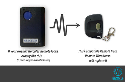 Large dark grey Hercules remotes with blue round buttons are replaced with small key ring oval button remotes