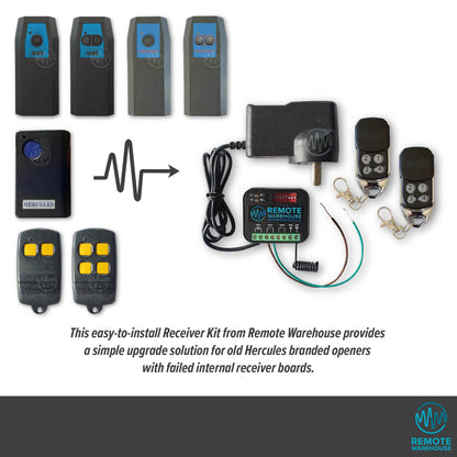 Selection of old dipswitch style garage door remotes branded with ADS, Dominator & Hercules showing with an arrow pointing to the replacement Remote Warehouse branded add on receiver kit.