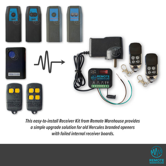 Selection of old dipswitch style garage door remotes branded with ADS, Dominator & Hercules showing with an arrow pointing to the replacement Remote Warehouse branded add on receiver kit.