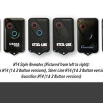 Black HT4 style garage door remotes from Boss, Steel-Line & Guardian with 1 & 2 round buttons