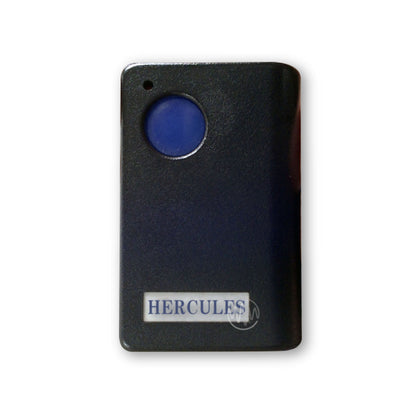 Large dark grey Hercules branded 700T garage door remote with 1 blue round button