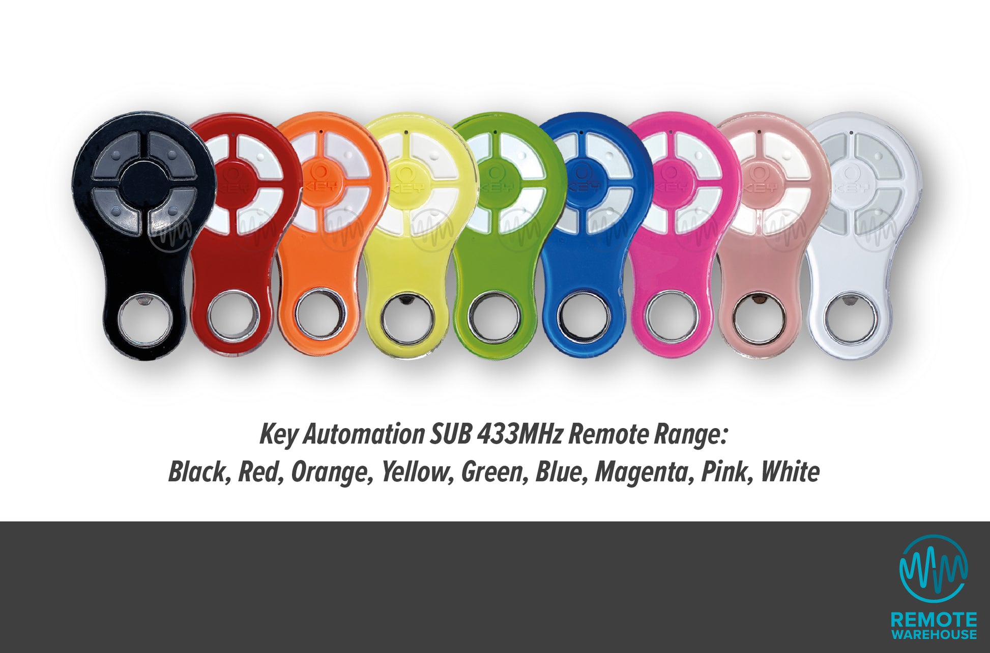 Full range of colours for Key Automation bottle opener shape design garage & gate remote