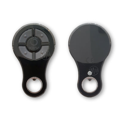 Shiny Black Key branded bottle opener shape Garage & Gate remote with 4 grey segmented buttons front & back view