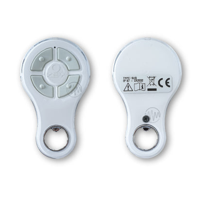 Shiny white Key branded bottle opener shape Garage & Gate remote with 4 light grey segmented buttons front & back view