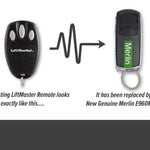 Liftmaster black bear claw style garage remote is replaced by Merlin branded black & chrome rounded oblong key ring remote