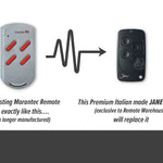 Marantec grey with 4 red buttons remote is replaced by 4 button all black Jane remote